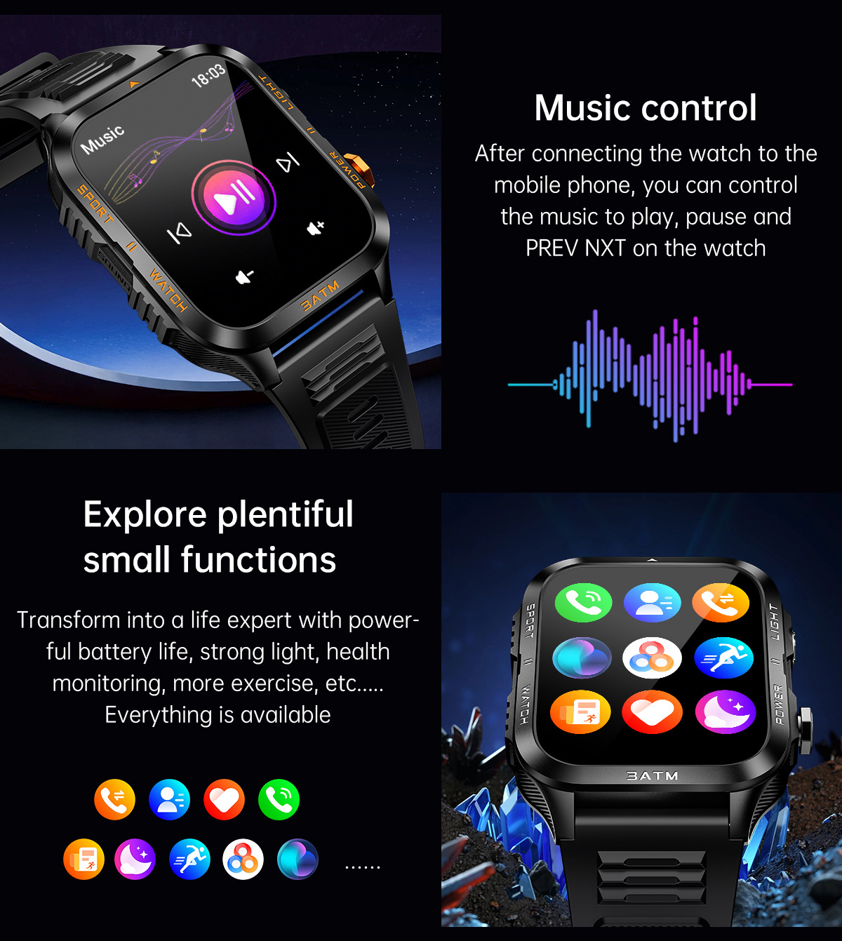 Montre connectée KT89, grand écran 1,96 pouce, appels Bluetooth, lampe torche LED, idéale pour les activités de plein air, style unisexe chic et sportif._voghion.com