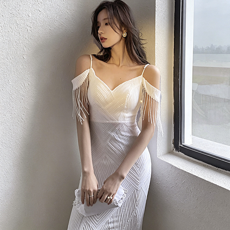 Evening Dress Women's High-end Banquet Elegant Socialite Slim-fit Slimming off-shoulder Tassel Long Fishtail Dress