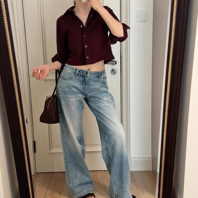 New Slimming Look 060m&060l Mid-High Waist Low Waist Retro Heavy Washed Pure Cotton Straight Denim Pants 5021