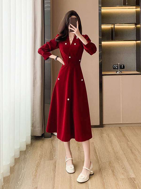 法式复古酒红敬酒服新娘订婚高级感回门礼服裙气质轻奢连衣裙日常|undefined