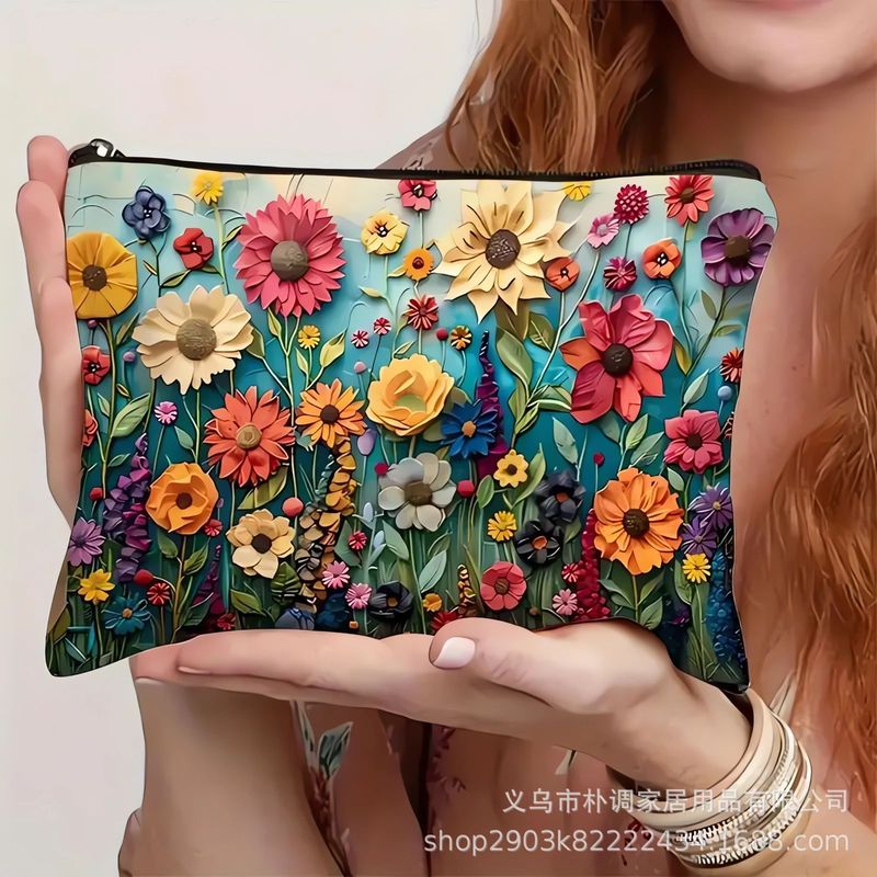アマゾン越境販売 ポリエステル麻混紡 2Dデジタルプリント 刺繍風花柄キャンバス化粧ポーチ 花柄装飾|undefined