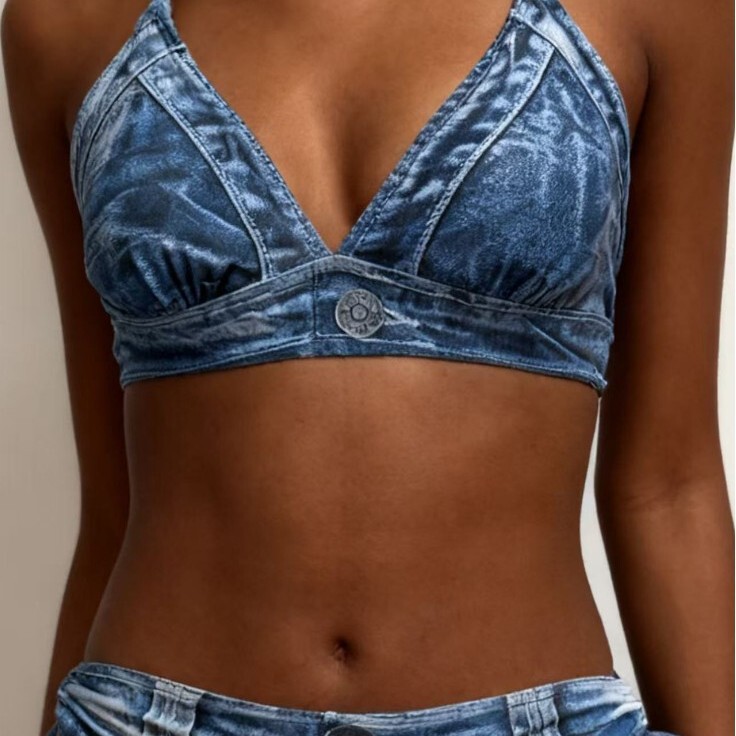 Swimsuit 2026 New Cross-Border Style European and American Denim Print Bikini Women's Sexy Backless Two-Piece Swimsuit