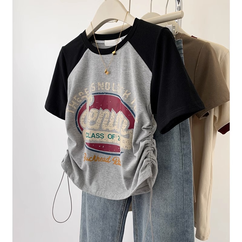 Large Size Chubby Girls Short Hem Drawstring Raglan Sleeve Short Sleeve T-Shirt Design Sense American Style Cotton T-Shirt Top Large Size Chubby Girls Short Hem Drawstring Raglan Sleeve Short Sleeve T-Shirt Design Sense American Style Cotton T-Shirt Top