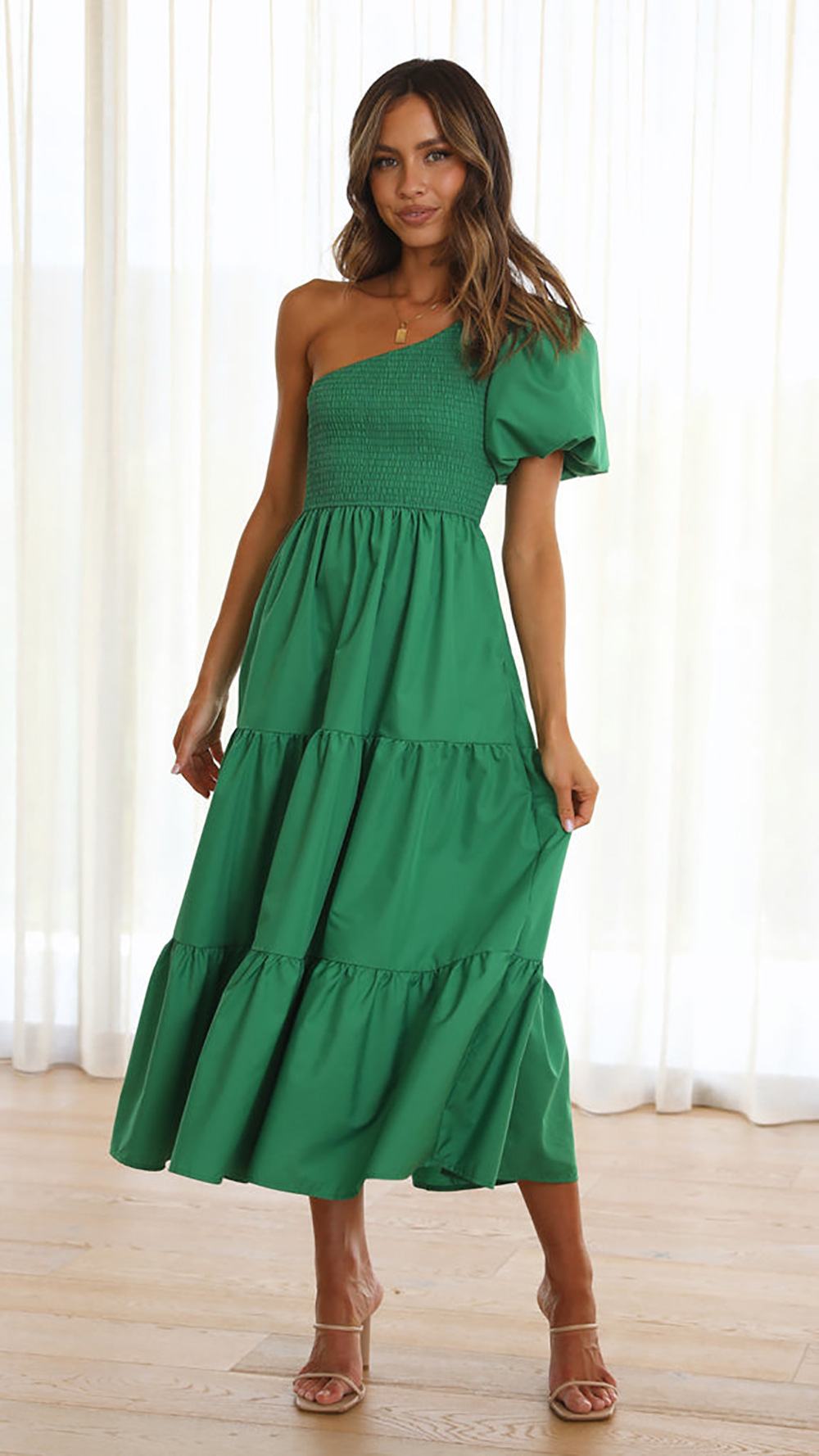 490g Weight Maxi Long Dress Dress Length Type Short Sleeve Sleeve Length Regular Dress Dresses Type Puff Sleeve Sleeve Type Polyester Fabric Type Mid Waist Waist Line Holiday, Daily Occasion Oblique collar Neckline Regular Fit Fit Type Solid Color Pattern Summer Season Women's Gender Ruffles Design Streetwear Style Wholesale Women's Streetwear Ruffles Solid Color Holiday Daily Oblique Collar Short Sleeve Regular Dress 12