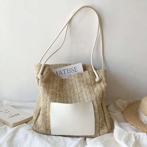 ins retro woven tote bag vacation style straw bag shoulder bag large capacity shopping bag beach bag mother bag