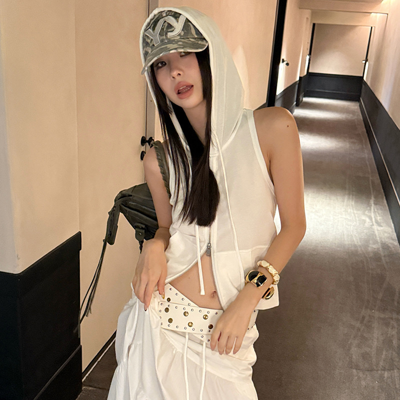 Mmfish Fashionable Street Relaxed Design Backless Cardigan Hooded Casual Sleeveless Sports Vest 25t369