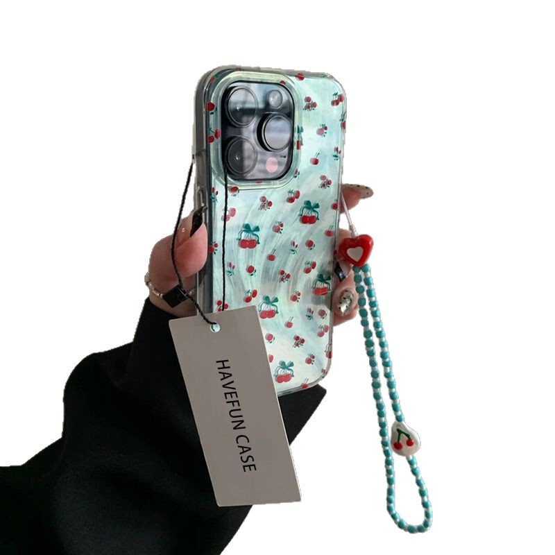 ins薄荷绿樱桃适用苹果16手机壳羽纱iphone15promax保护套14手链|undefined