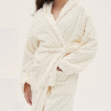 2025秋冬加绒加厚保暖舒棉绒女士女白色云朵绒浴袍系带连帽居家服
