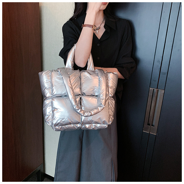 Down Bag Women Fashion Large Capacity Tote Bag High grade Shiny Handbag Simple Checkered Cotton Bag Shoulder Bag_voghion.com