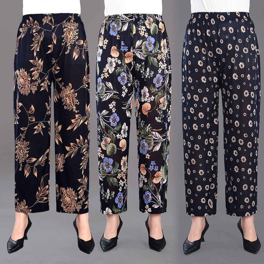 Летние легкие дышащие укороченные повседневные брюки из ледяного шелка, прямые брюки для мам среднего возраста, одежда 90-х годов до 70kg года