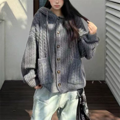 美式复古慵懒风连帽毛衣外套女秋冬新款宽松显瘦休闲针织开衫上衣