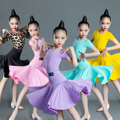 Children Girls Purple red leopard Latin dance dresses girls ballroom latin dance clothes children's short-sleeved Latin dance outfits for kids