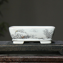 长方形贴花彩绘手绘陶瓷盆景盆白泥紫砂花盆中国风雪景图桌面盆栽