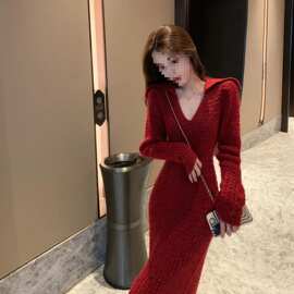 【圣诞红过年红】针织连衣裙秋冬小香风修身打底内搭过年毛衣长裙