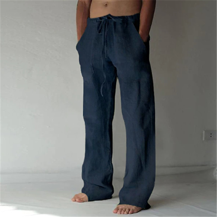 Nuovi pantaloni casual larghi da uomo in lino di cotone elastico con coulisse_voghion.com