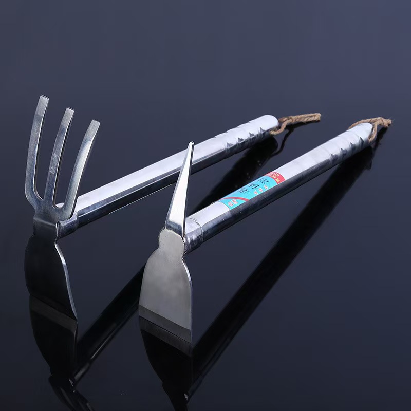 Fabricantes directamente para herramientas de jardín dos extremos ocupados de acero inoxidable azada rastrillo raspador herramientas de jardín