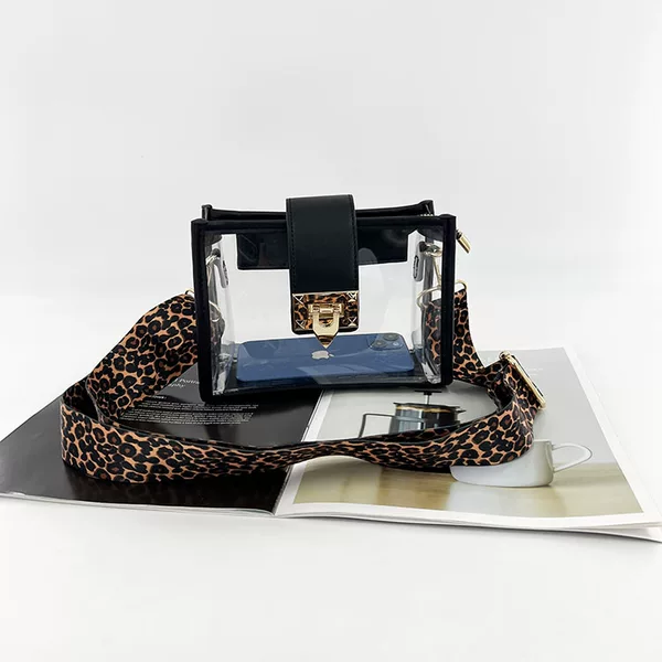 European and American New Style Jelly Transparent Bag Small Tote Bag with Lock Buckle Wide Shoulder Strap Leopard Print Chain Shoulder Crossbody Bag