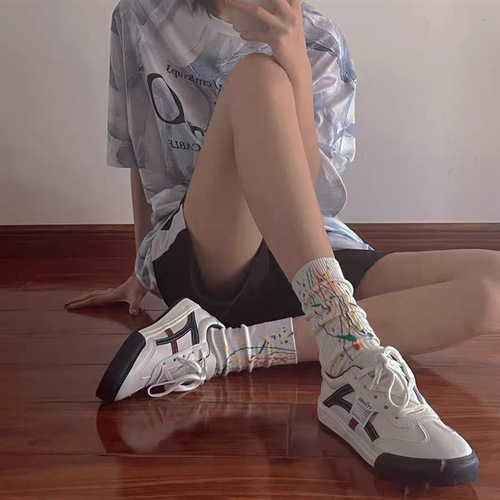 Women's Crew Socks Ins Spring Summer Thin Version Hip-Hop Couple Style Graffiti Anime Style Trendy Brand Daily Wear Versatile Long Socks