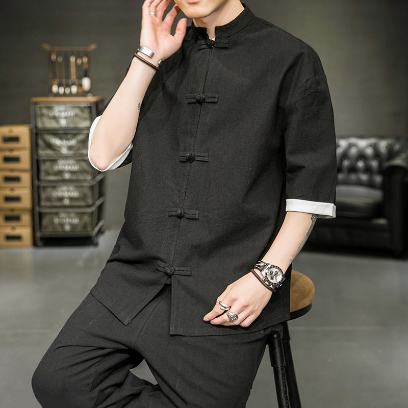 Verano más tamaño estilo chino hebilla camisa de manga corta hombres de hielo de seda Tang traje antiguo de algodón y lino Hanfu retro Zhongshan traje