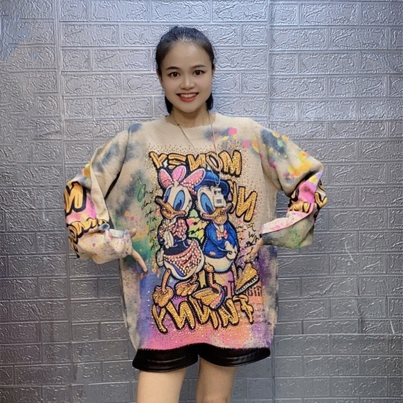 European Cartoon Heavy Industry Printed Mink Fleece Sweater Women's Autumn and Winter New Fashion Casual All-match Thickened Knitted Top