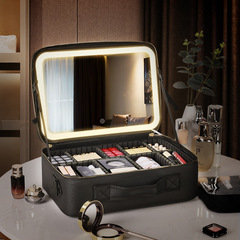 Mirror-equipped makeup bag with built-in light, large capacity, follow-up makeup cosmetic storage bag, portable travel, detachable partition bag