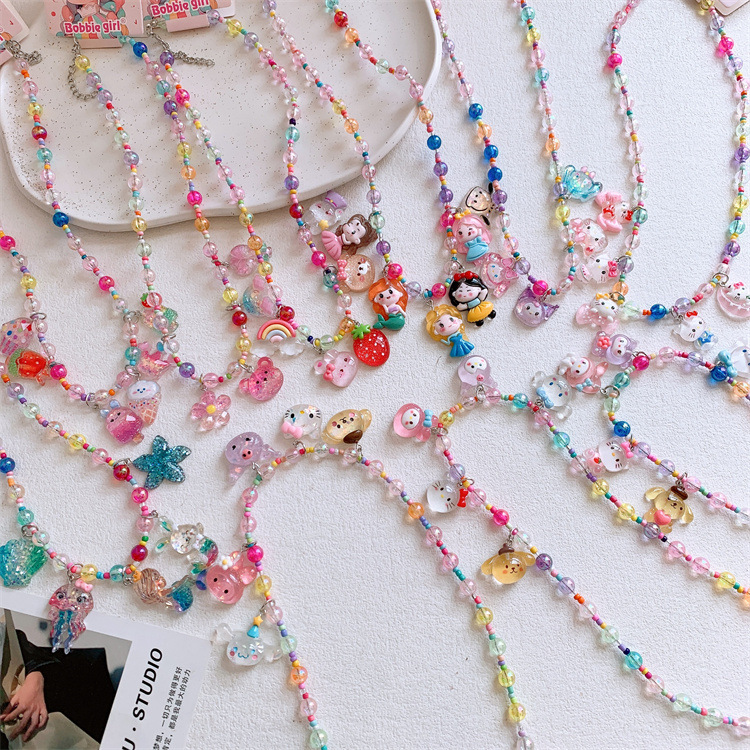 可愛透明樹脂卡通公主女童項鍊兒童彩色串珠吊墜短款頸鏈首飾配飾
