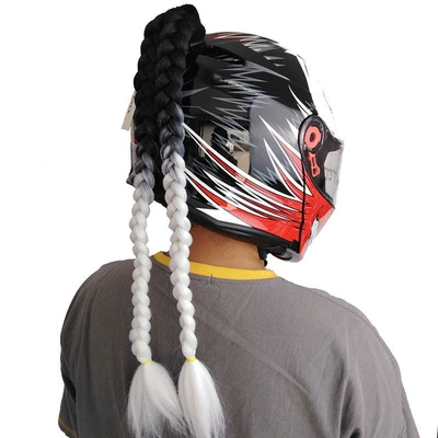 Motorcycle Helmet Braids, Motorcycle Helmet European and American Cross-Border Hot-Selling Double Ponytail Wig Accessories, Suction Cup Helmet Decoration (Motosiklet dəbilqələri) - black-and-white