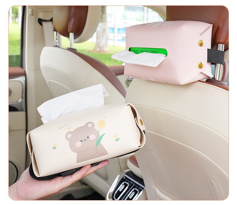 Creative Car Tissue Box Cartoon Leather Car Seat Back Hanging Tissue Box Cute Car Armrest Tissue Bag