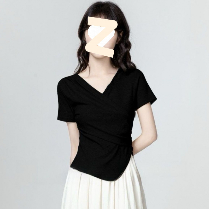 グリーンカラー半袖シャツ女性の夏の新しいスタイル不規則なクロスウエスト痩身右肩Tシャツショートトップ|undefined