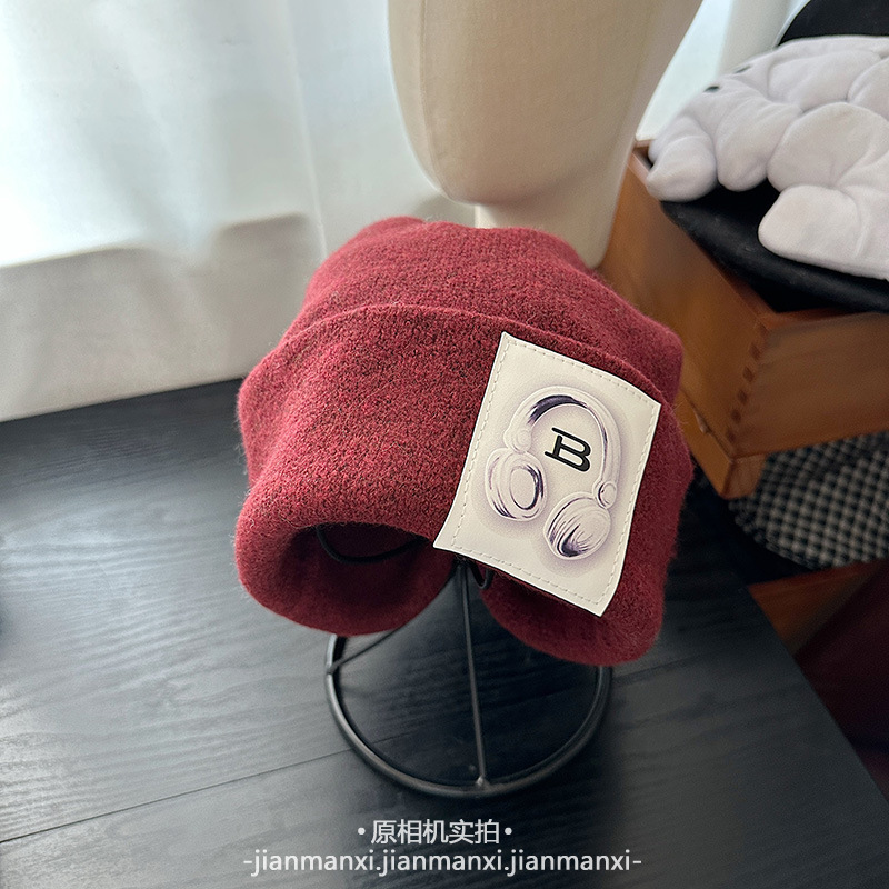 多色新款耳机贴布针织帽秋冬保暖日常百搭大头围宽松堆堆帽冷帽女|undefined