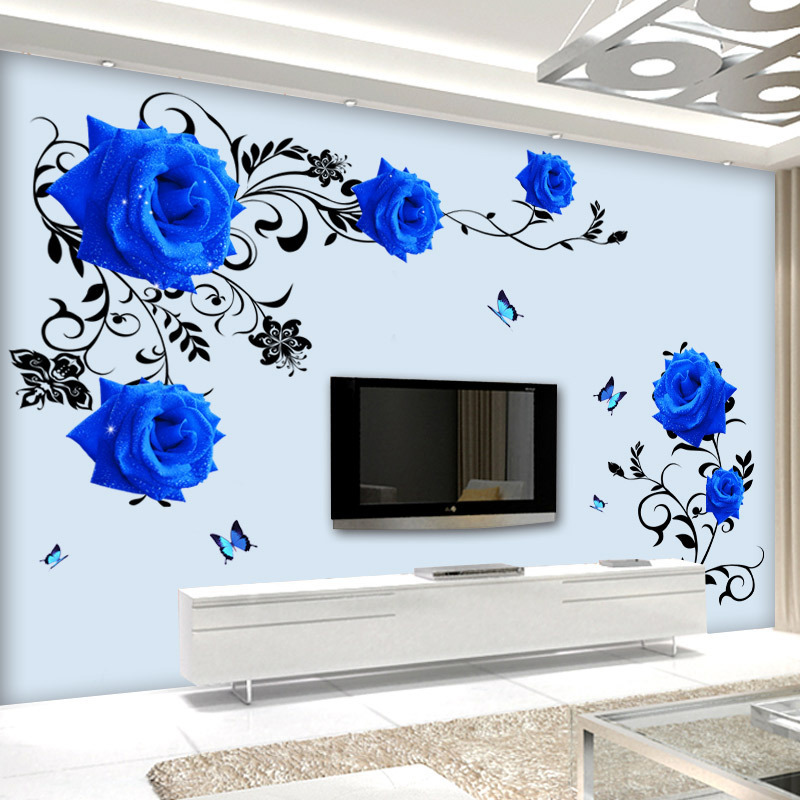 GS8823仲兰蓝色玫瑰花贴纸电视背景墙卧室客厅房间装饰品自粘贴画