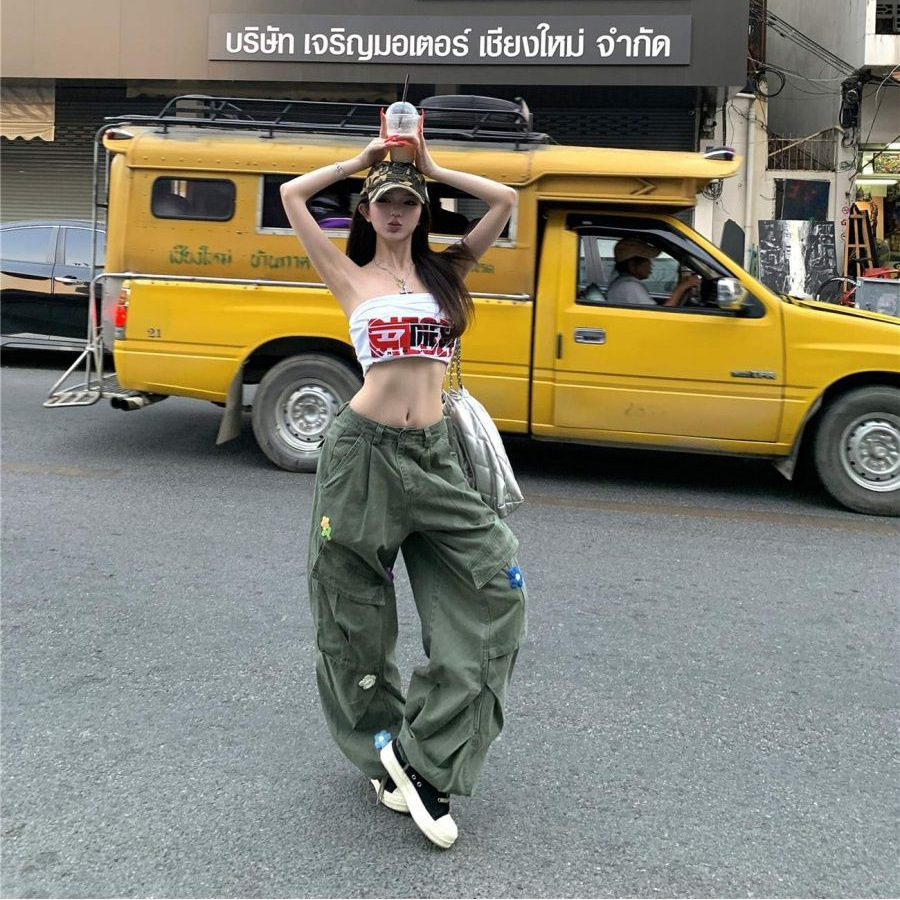 刺绣花朵复古工装休闲裤女春季美式宽松阔腿裤子束脚高腰拖地长裤
