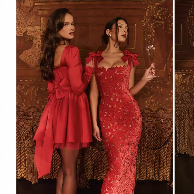 2026 Ins Trendy European and American Light Luxury Bowknot High-End Embroidered Hollow-Out Bodycon Long Dress