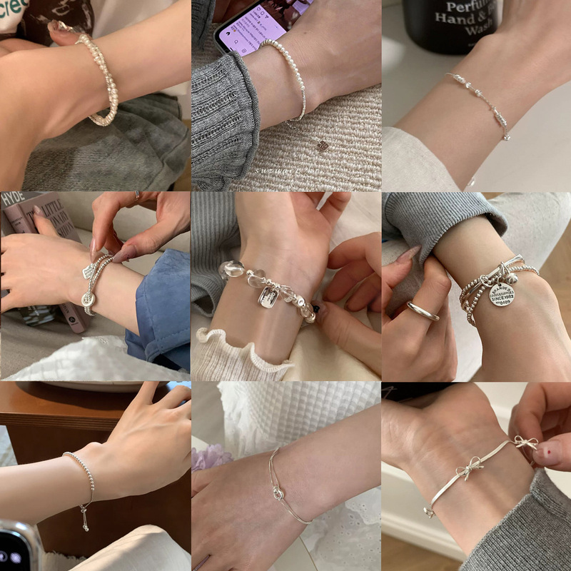 s925 sterling silver handmade beaded bracelet for women, elastic cord square charm bracelet, summer new product, minimalist style, high-end accessory