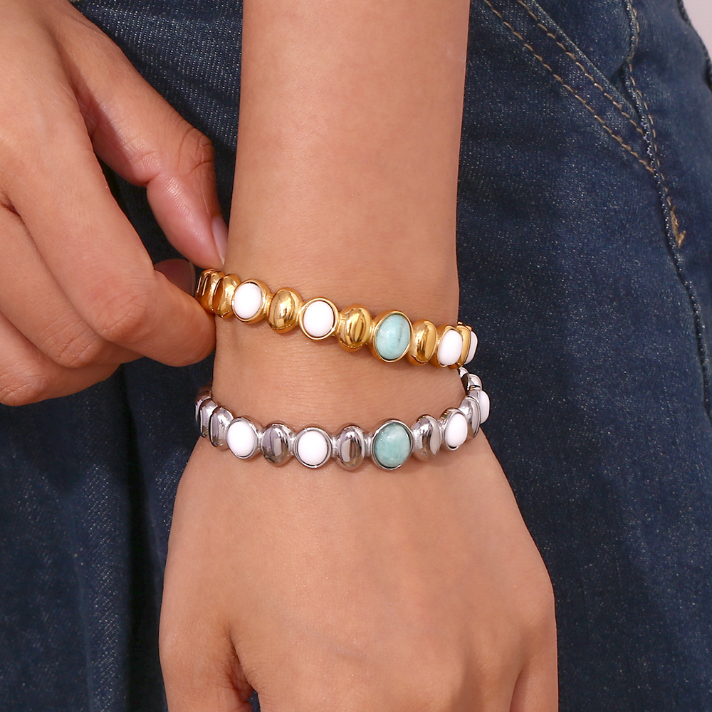 Model Show Oval Natural Stone White Jade Inlaid Open Bracelet