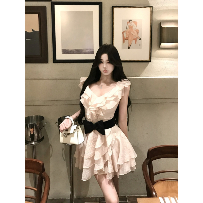 昕可达 粉色连衣裙女秋季荷叶边温柔生日裙子千金感穿搭公主裙|undefined