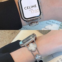Apple Watch10、iWatch7/8/9世代、SE対応、メタル貝母細かいダイヤモンド装飾の女性用ストラップ