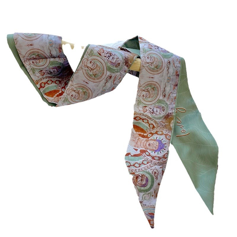 Nuevo estilo chino pintura al óleo pequeña bufanda de seda para las mujeres primavera y verano bolsa de lazo corbata decoración del pelo larga bufanda pequeña cinta de la banda del pelo
