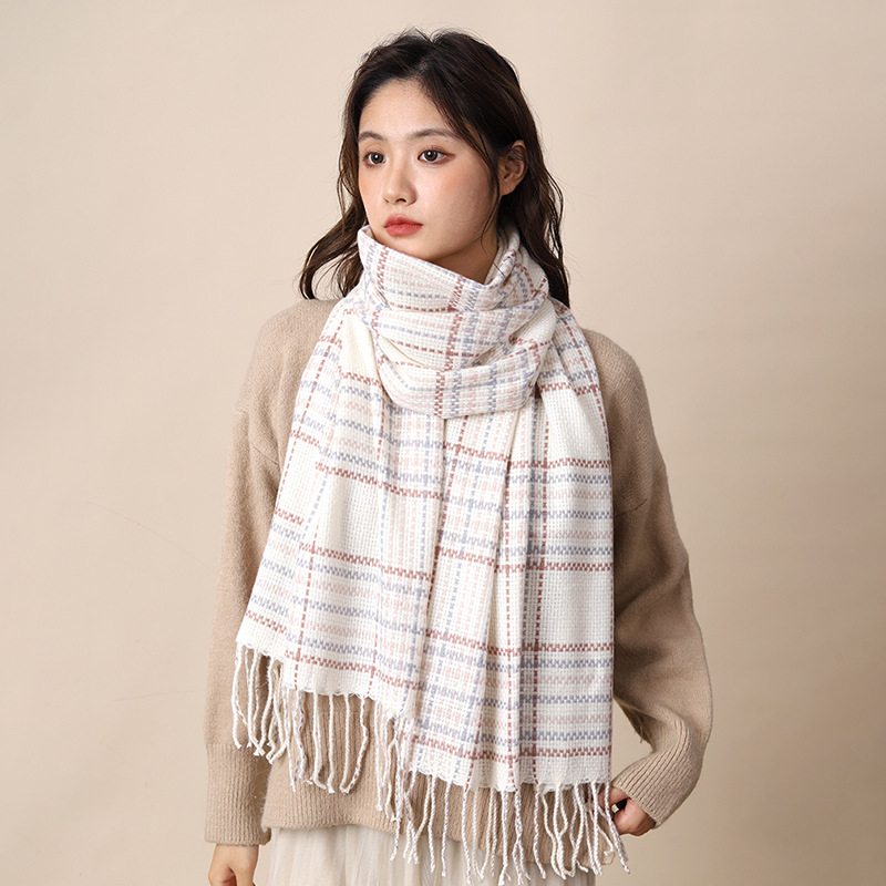 Elegant woven style cashmere 2024 new plaid women's winter Korean version versatile white student scarf_voghion.com