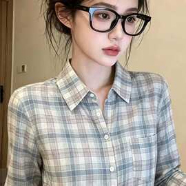 CD728韩系复古格子长袖防晒衬衫2026夏季洋气减龄宽松显瘦polo衫