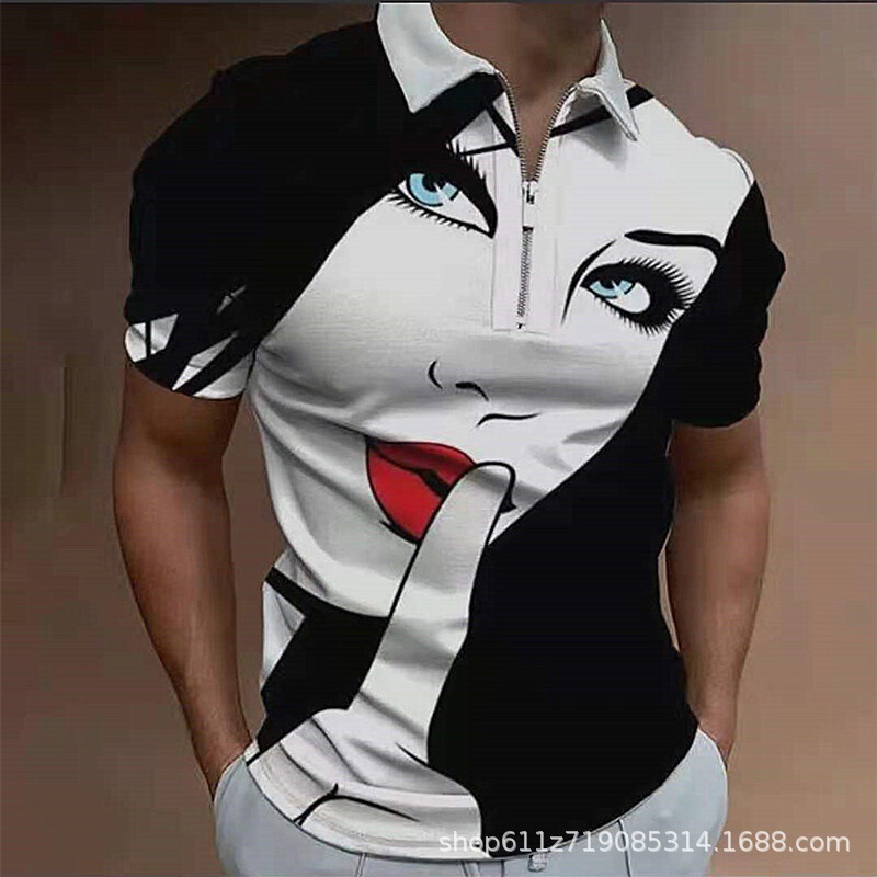 European and American Export Spring New Fashion Casual Popular Printed Polo Shirt Zipper T-Shirt Men's Free Shipping