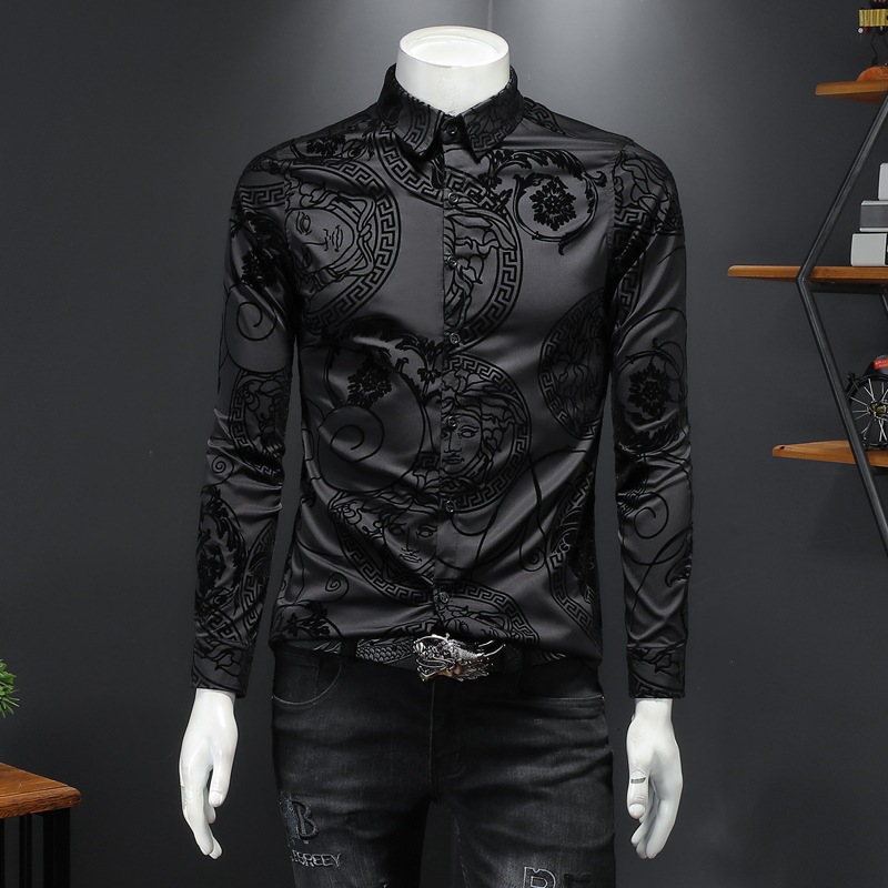 淘宝外贸批发2024年秋季植绒长袖衬衫男式 大码修身衬衣男装假模