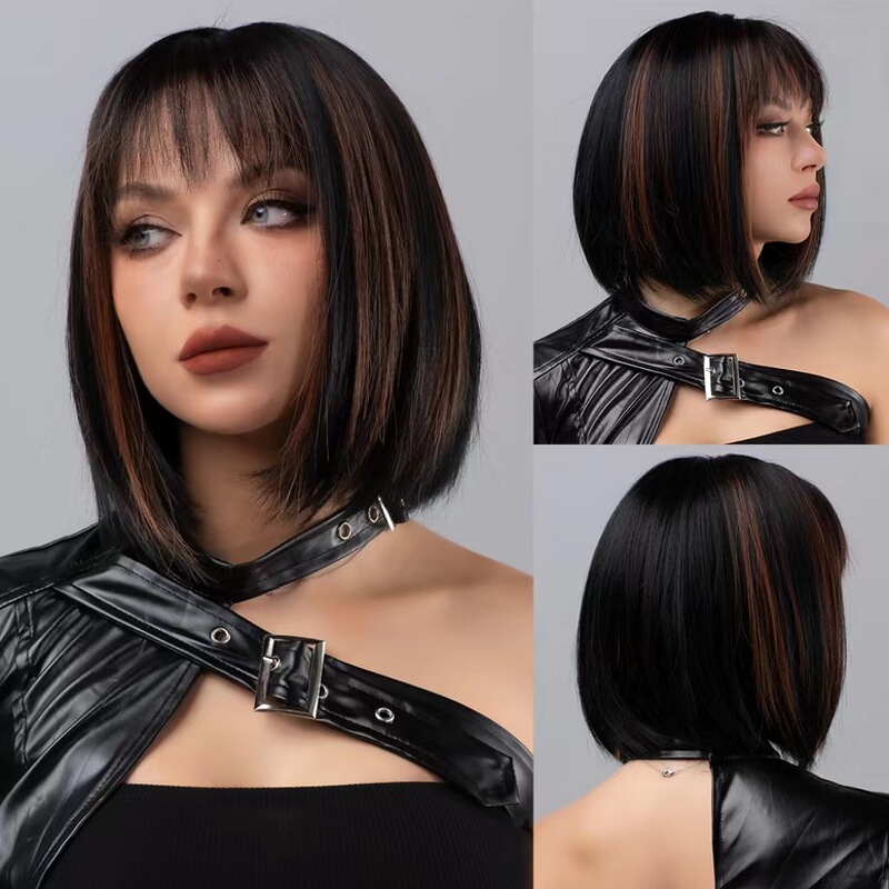 30.48 multi-color short bob wig synthetic fiber straight hair wig with bangs suitable for daily wear