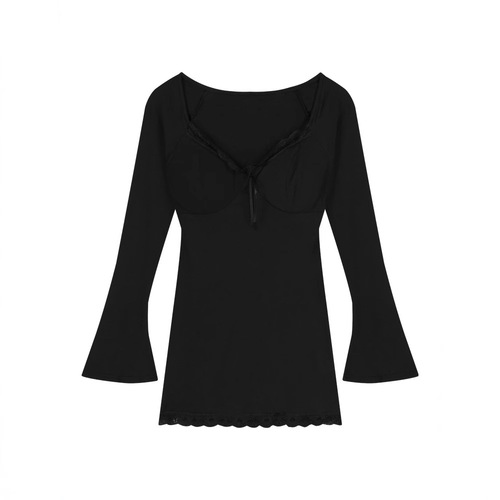 Brown Sexy V-neck Long-sleeve Dress for Women Autumn Lace Undershirt Mother-in-law Dress Tight Waist Hourglass Short Skirt