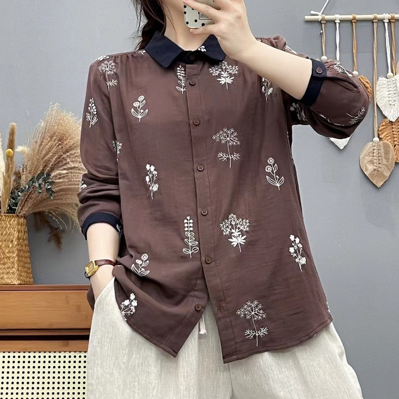 森系文艺长袖衬衫女小清新刺绣撞色拼接柔软亲肤棉质双层棉纱上衣|undefined