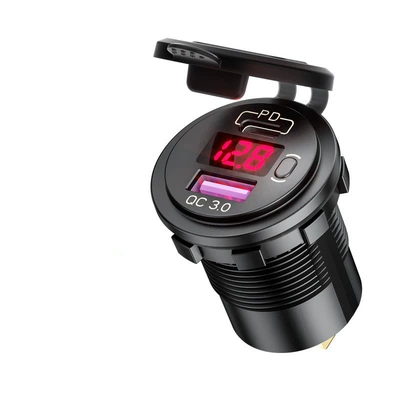 Mobil şarj cihazları Pd Car Charger with Voltage - qc30pd-fast-chargeonoff-keydigital-display-red