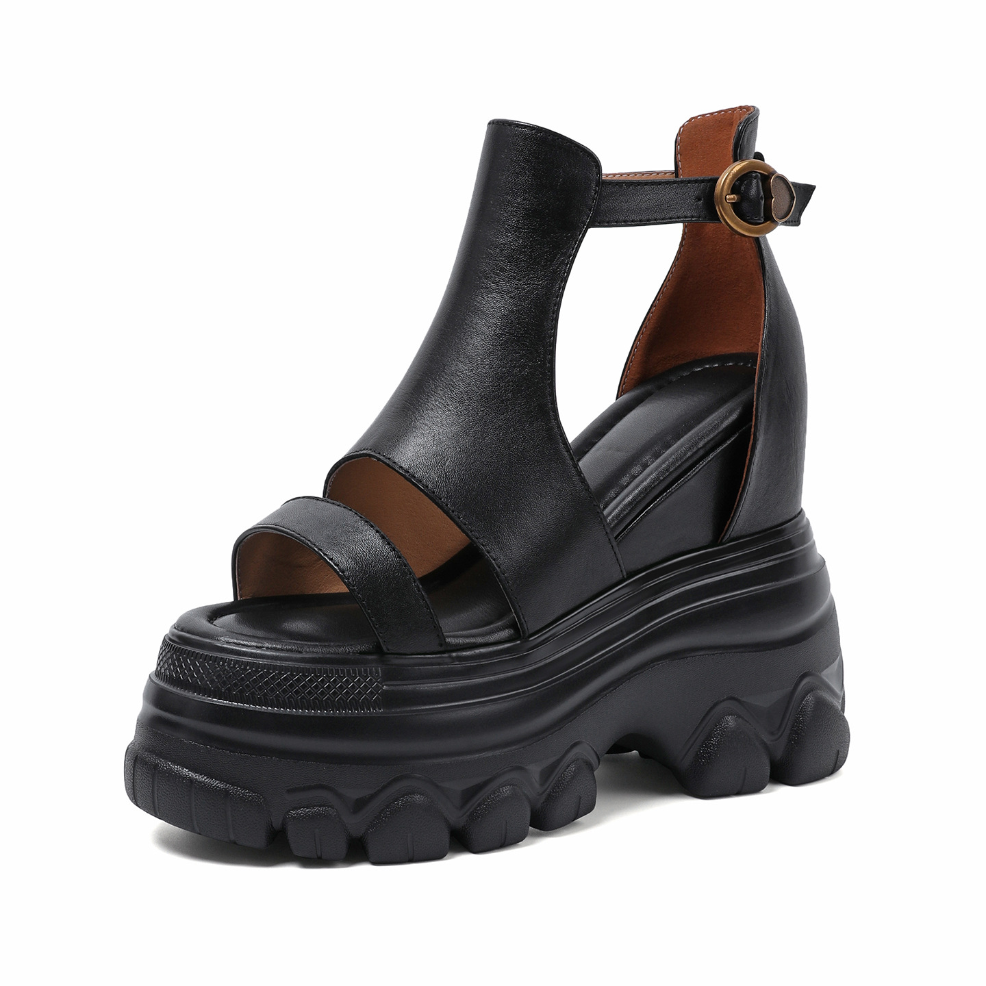 Giày sandal cao gót nữ hở mũi phong cách La Mã, đế xuồng cao 14 cm, da thật, gót vuông, quai mảnh — màu nâu, màu đen