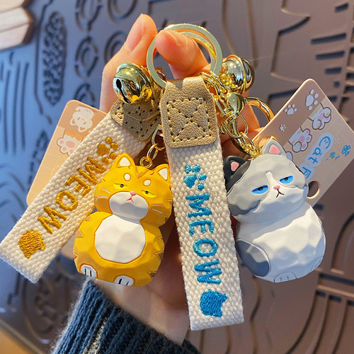 Cartoon Original Wood Carving Style Meow Meow Series Orange Cat Model Trendy Fashion Car Key Holder Cute Bag Charm