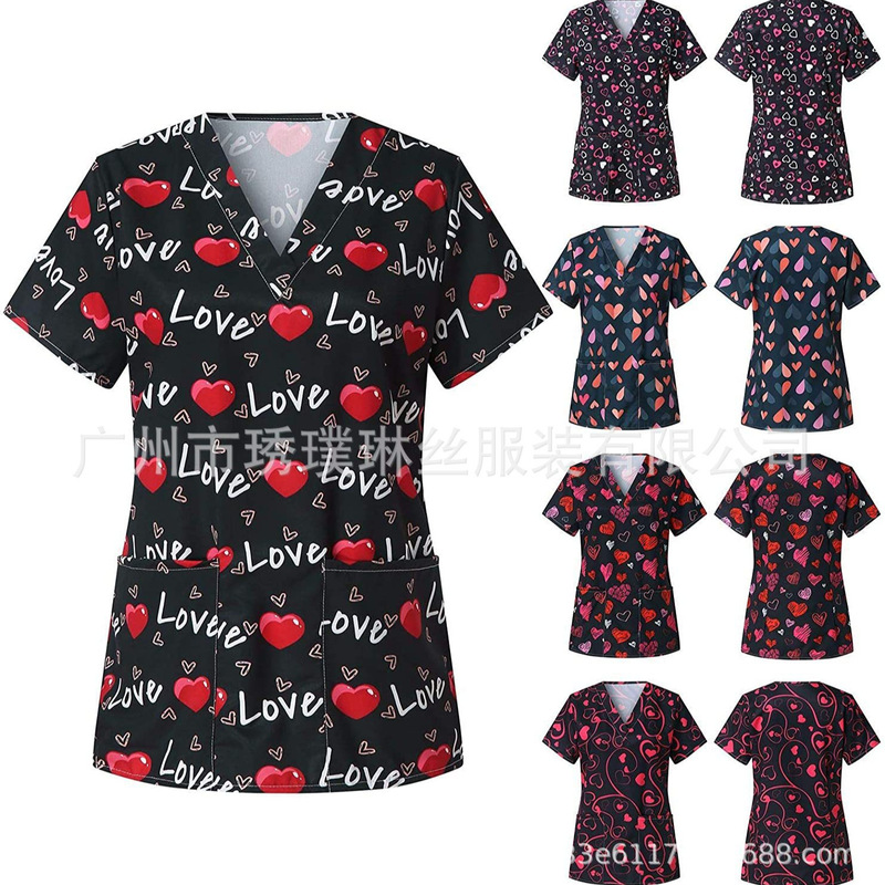 2024 Amazon European and American Foreign Trade Women's Valentine's Day Printed Top V Neck Short Sleeve Nurse Uniform Casual Shirt