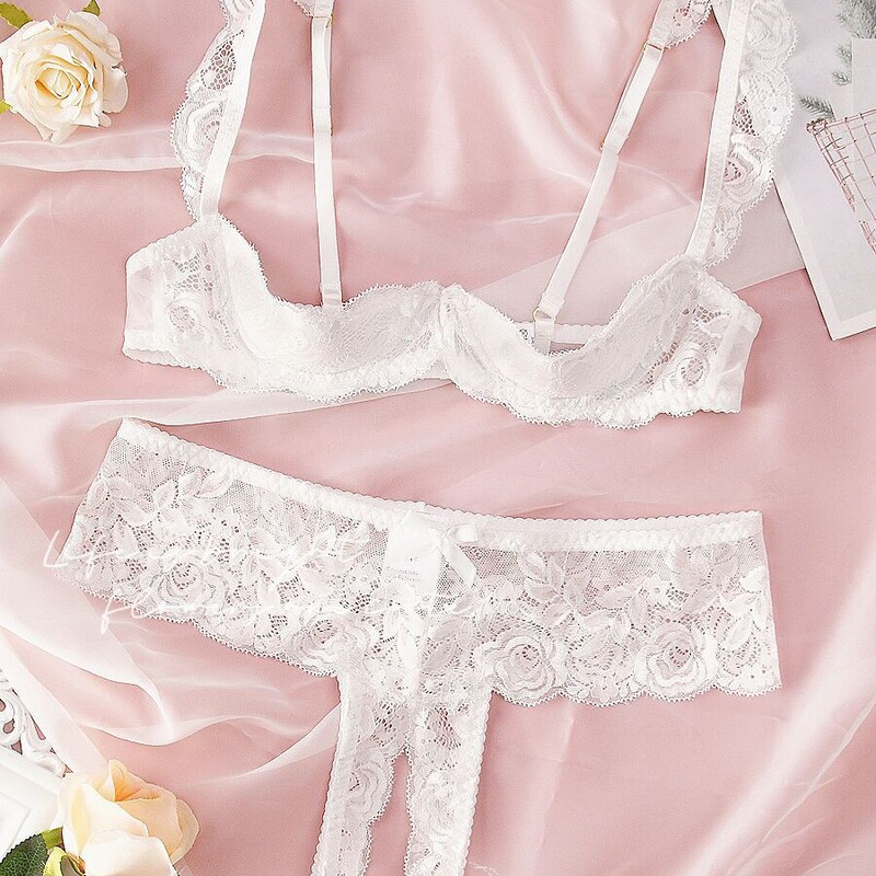 Cross-border European and American Goddess Sexy Steel Bra Gathered Bra Open Underwear suit Garter Belt Three-point Lace Temptation